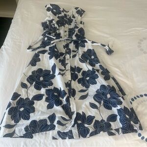 Draper James Sleeveless White/Blue Floral Button Front Belted Dress Size XS